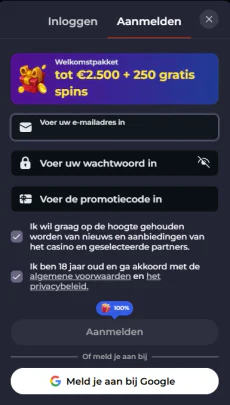 Blazingwildz Casino registratieformulier met e-mailadres, wachtwoord, promotiecode en welkomstpakket